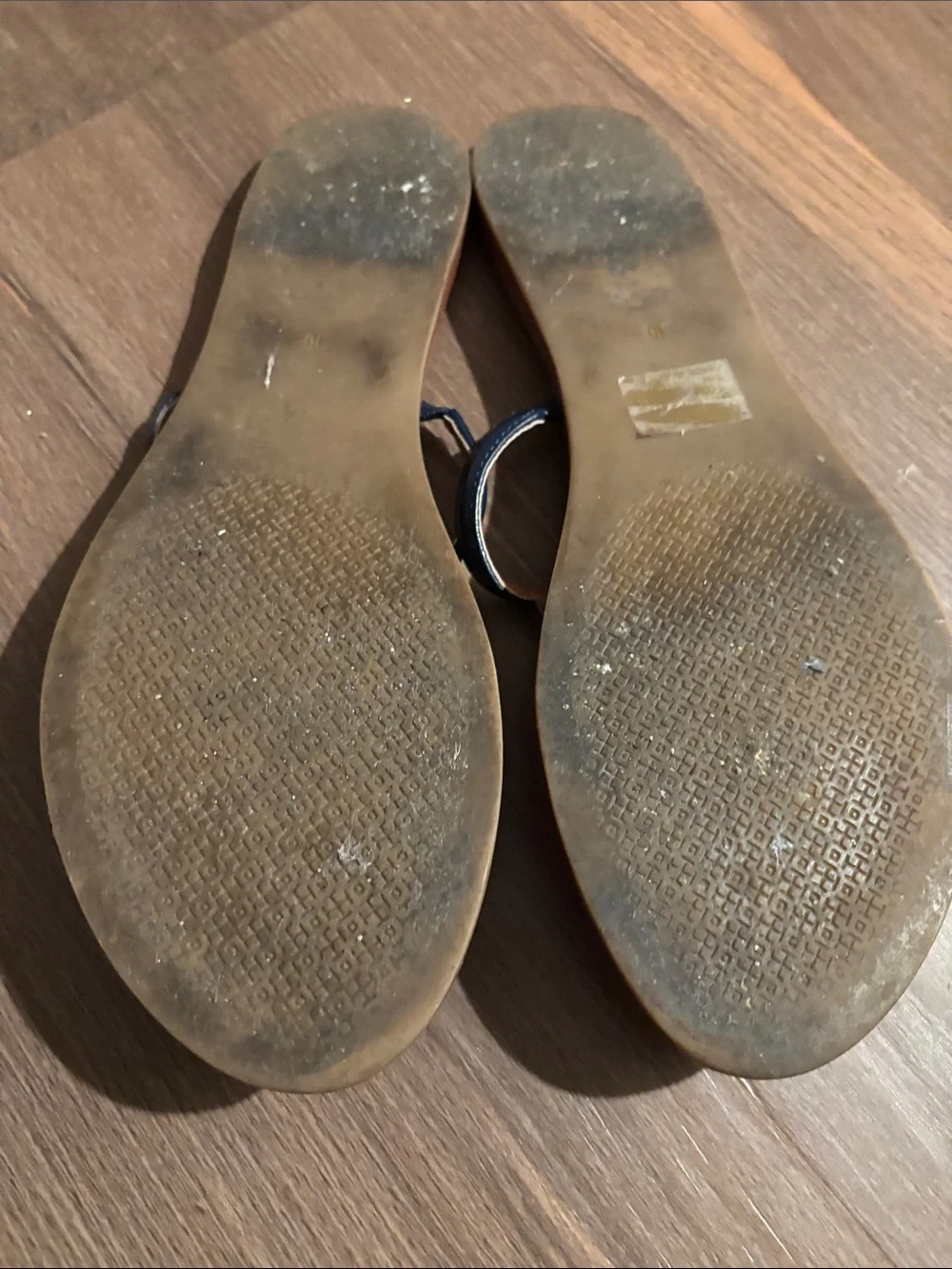 Tory Burch Navy and Tan Leather T-strap Sandals